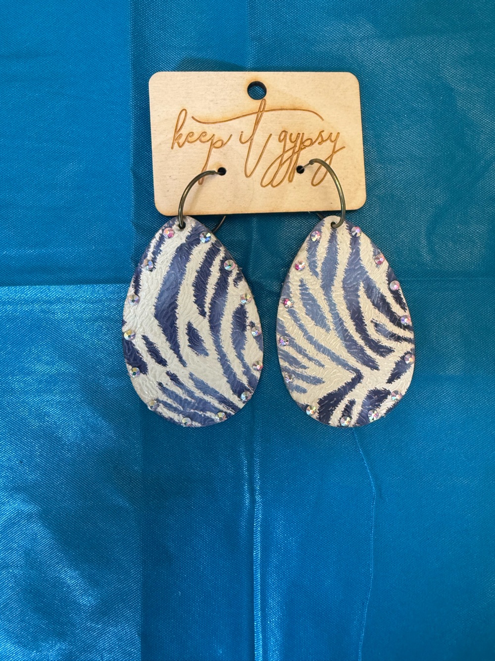 Zebra Print Teardrop Earrings with Rhinestones - Blue & White